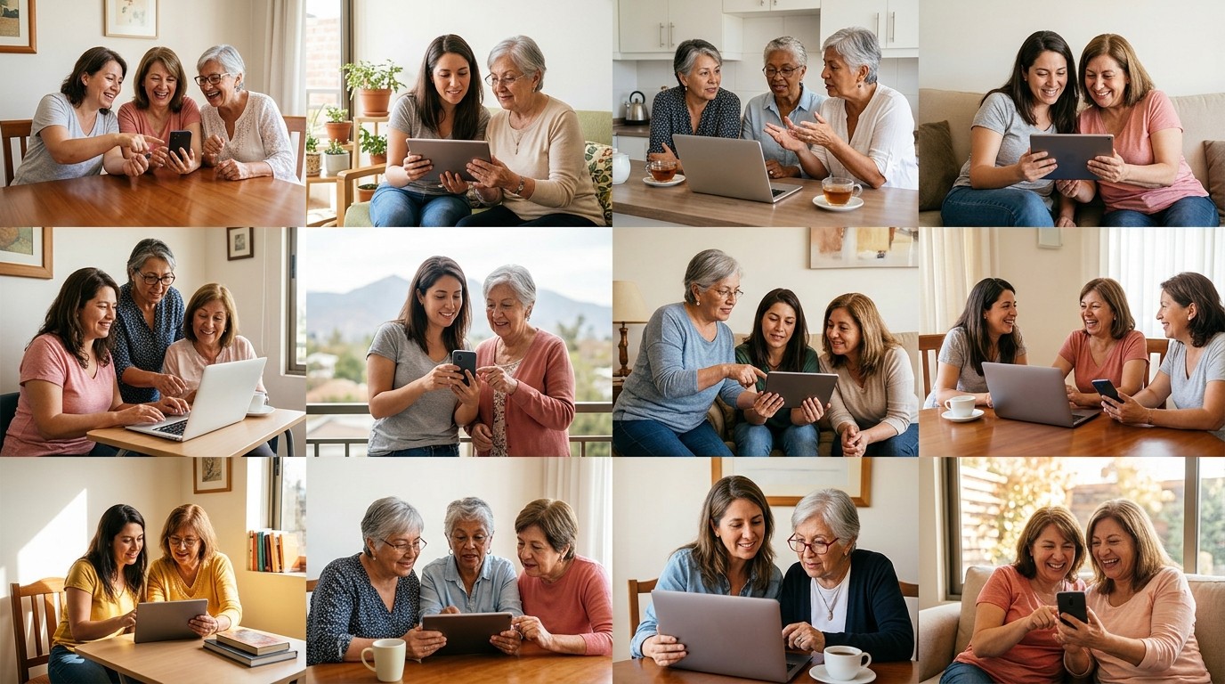 Cuadrícula 4x3: Mujeres de 40 a 70 años aprendiendo y colaborando con celulares y computadores en living, escritorio, comedor y cocina